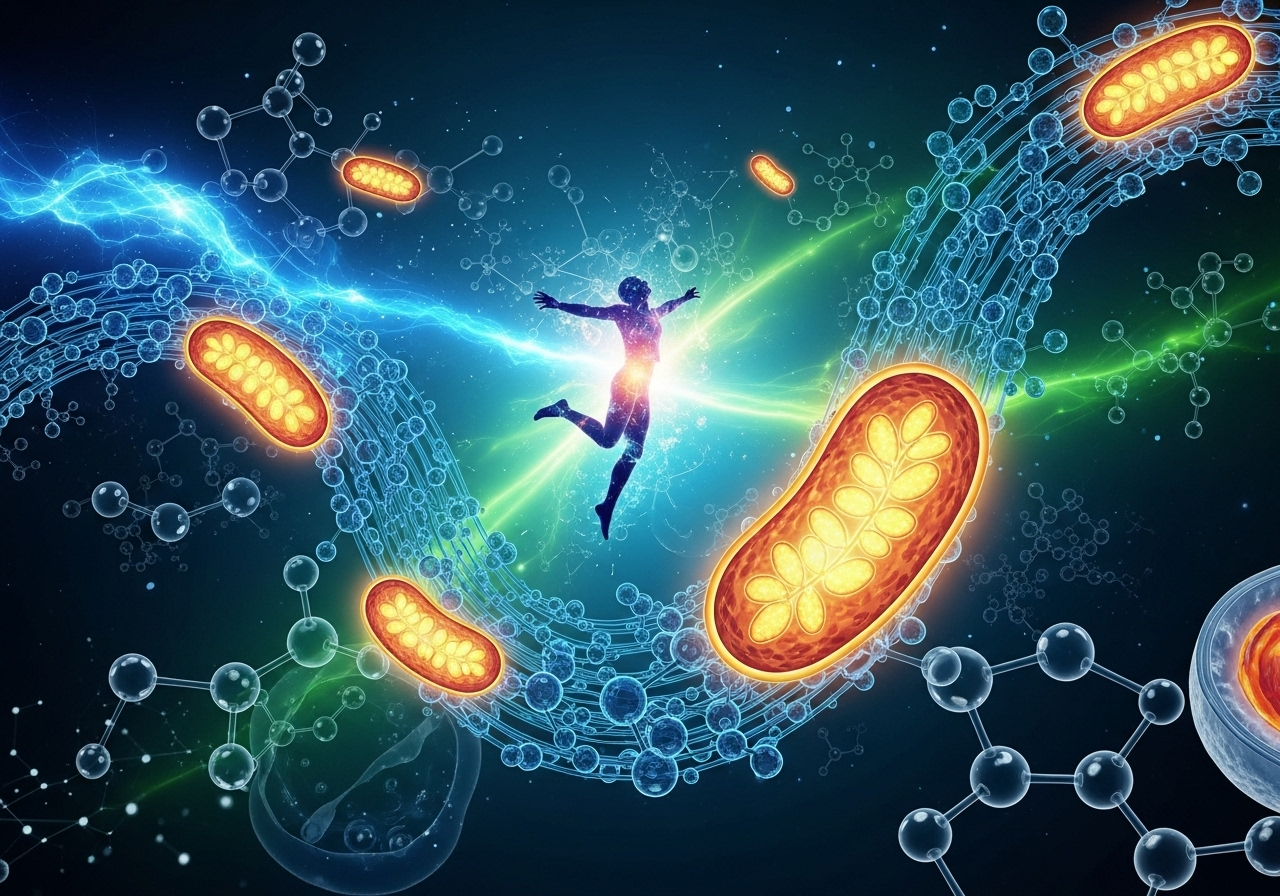 Person leaping joyfully amidst mitochondria, molecular structures, and swirling energy.
