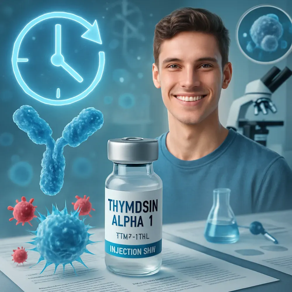 Smiling man with vial of Thymosin Alpha 1, immune system icons, clock, microscope, and lab setting.