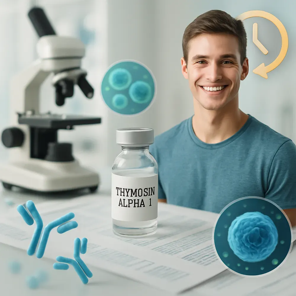 Smiling man with vial of Thymosin Alpha 1 next to microscope, antibody figures, and cell illustrations, suggesting a health treatment.