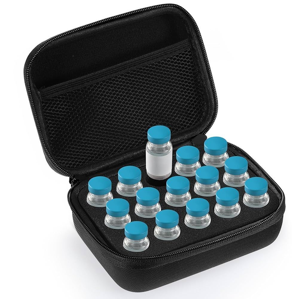 Black case open with vials. One vial has a white label, the others are teal.