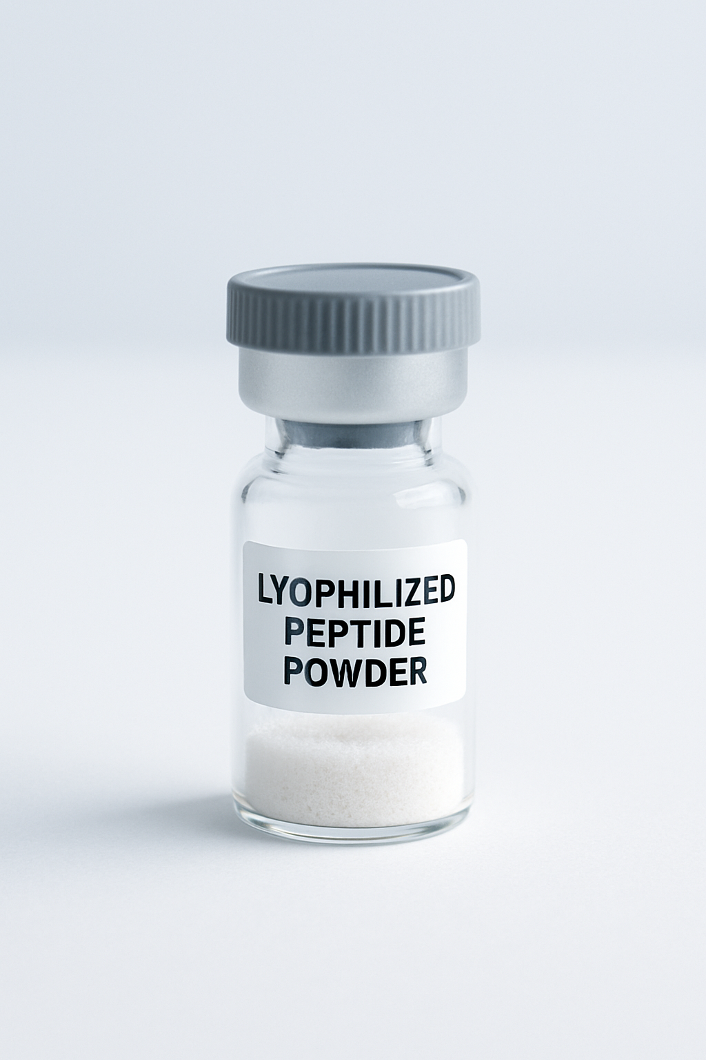 Vial of lyophilized peptide powder, a white crystalline substance inside a clear glass container with a gray cap.