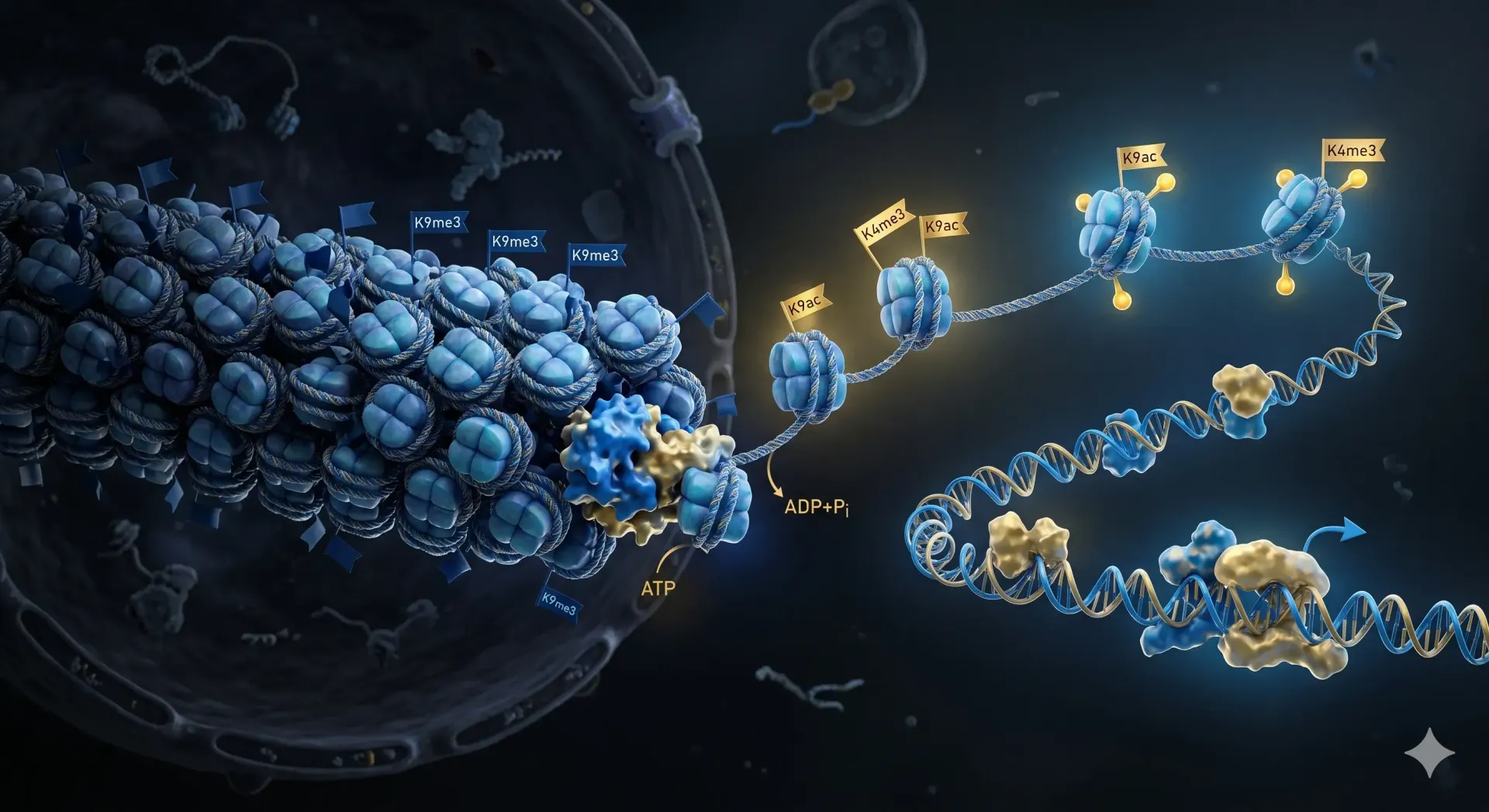 Visualization of chromatin shifting from condensed heterochromatin to open euchromatin representing Vilon peptide epigenetic effects