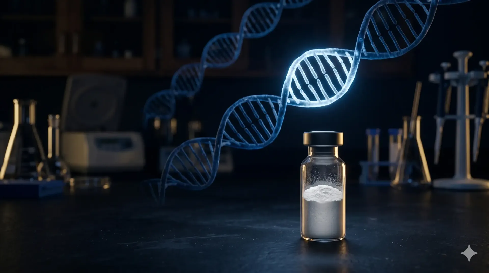 Minimalist peptide vial in a dark lab setting with a glowing DNA helix in the background.