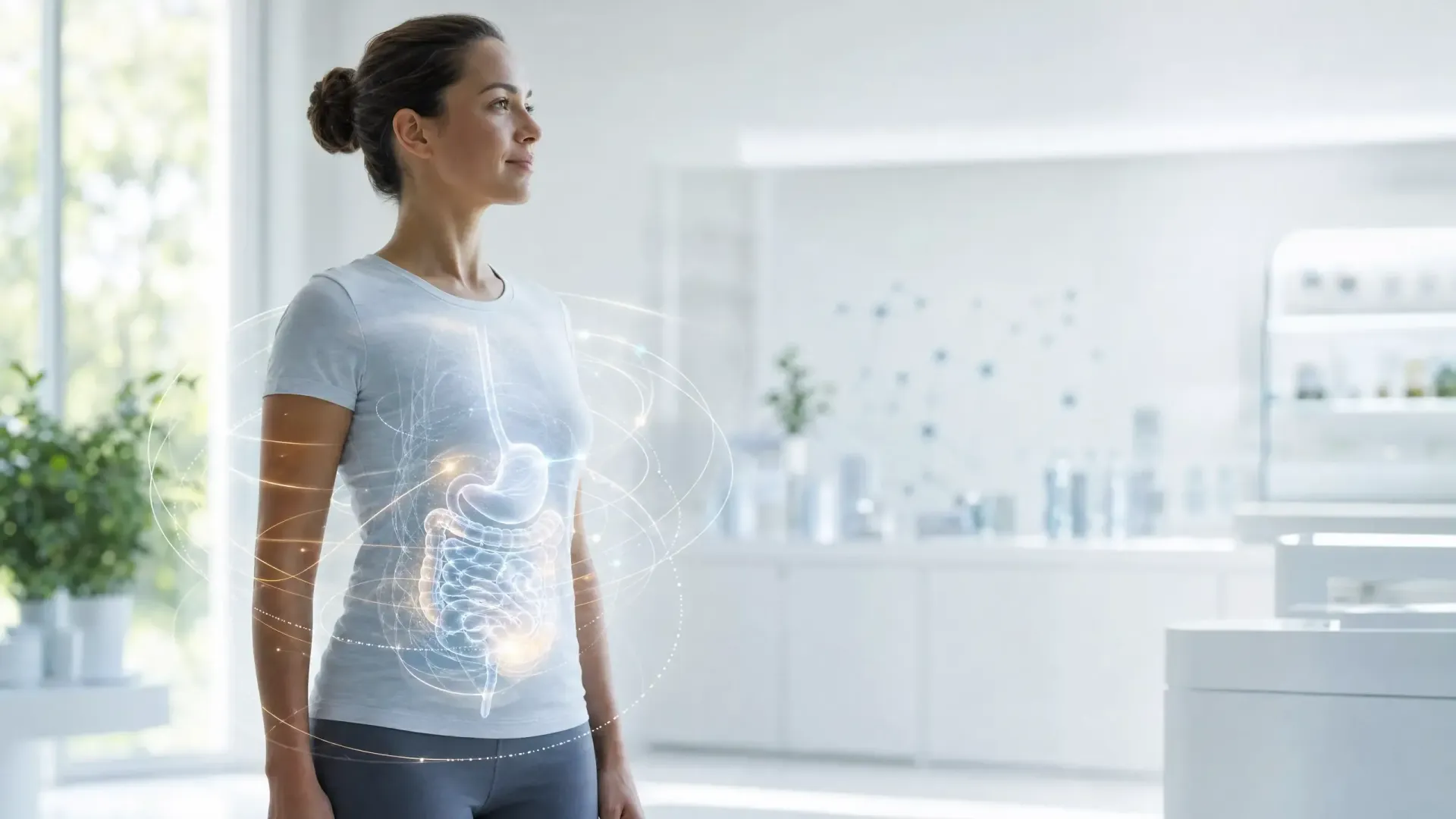 Woman standing in a bright kitchen with glowing digestive organs overlaid on her torso