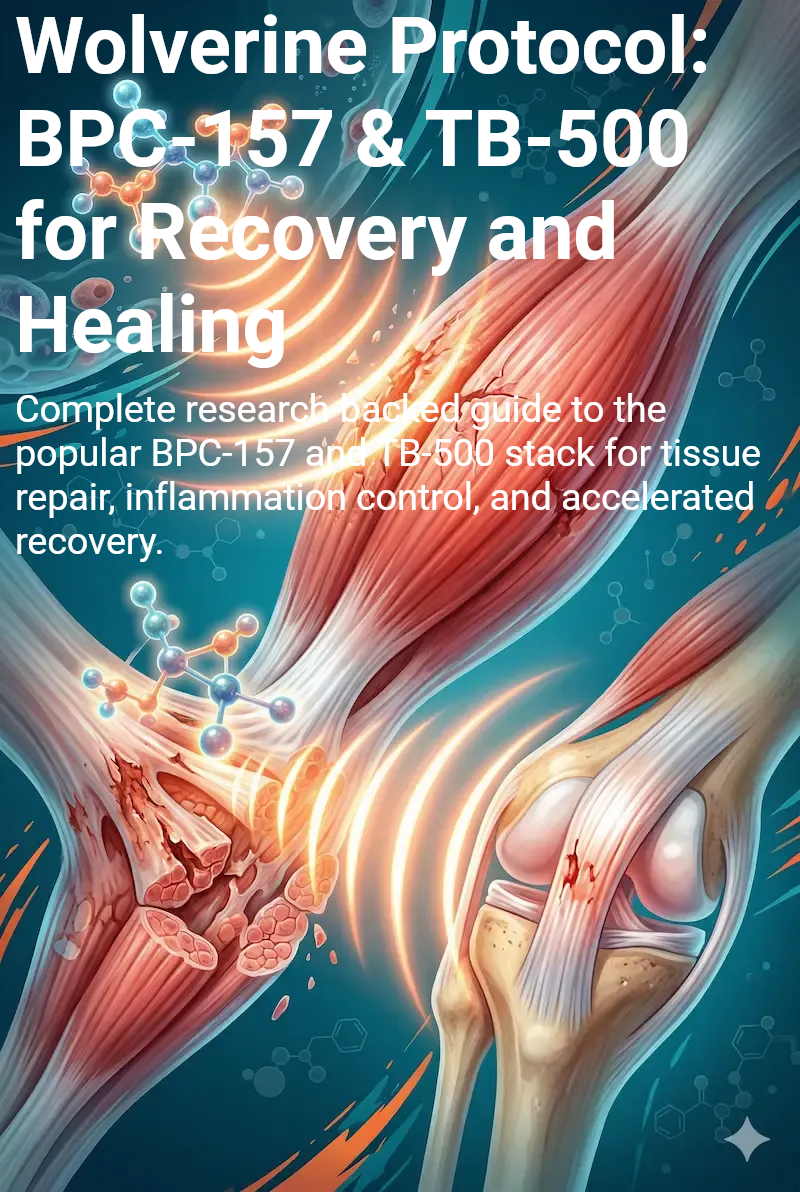 Wolverine Protocol poster: BPC-157 and TB-500 for recovery and healing, with glowing muscle and joint imagery