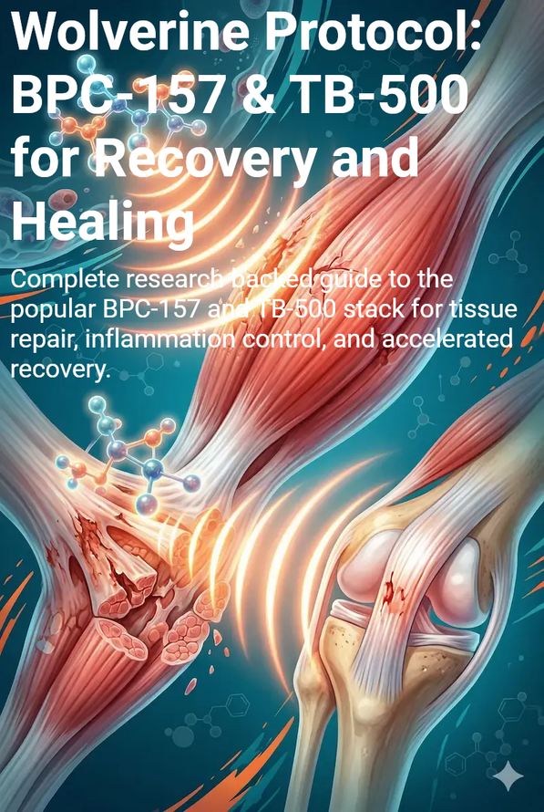 Wolverine Protocol poster: BPC-157 and TB-500 for recovery and healing, with glowing muscle and joint imagery