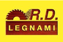 Un logo per RD Legnami con la grafica di una lama di sega circolare su sfondo giallo e il nome dell'azienda in caratteri effetto legno.