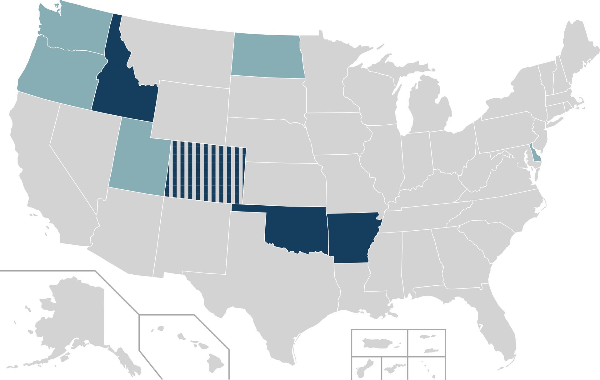 US Map color coded showing  states that allow Idaho Stop Laws