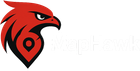 Red hawk head logo with location pin;