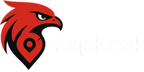 Red hawk head logo with location pin;