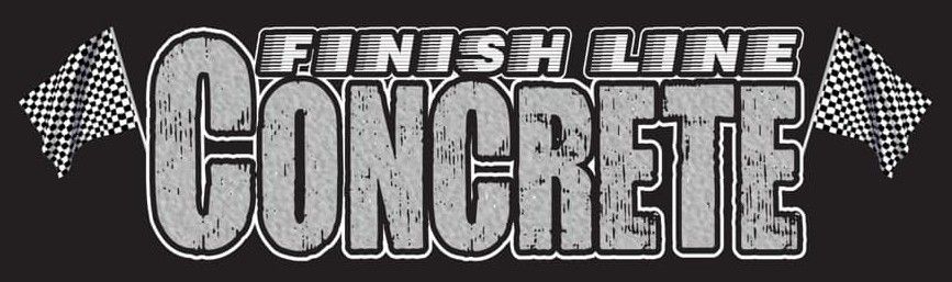 Stylized black-and-white &ldquo;Finesh Line Concrete&rdquo; logo with a concrete-texture wordmark and shovel graphic