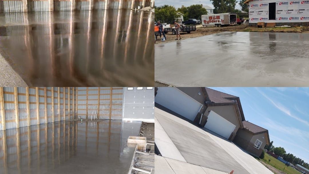 Collage of wet concrete structures and curved wall panels at an outdoor construction site after rain