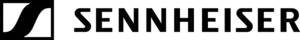 Sennheiser-Logo in schwarzer Schrift mit stilisiertem schwarzem Emblem auf weißem Hintergrund