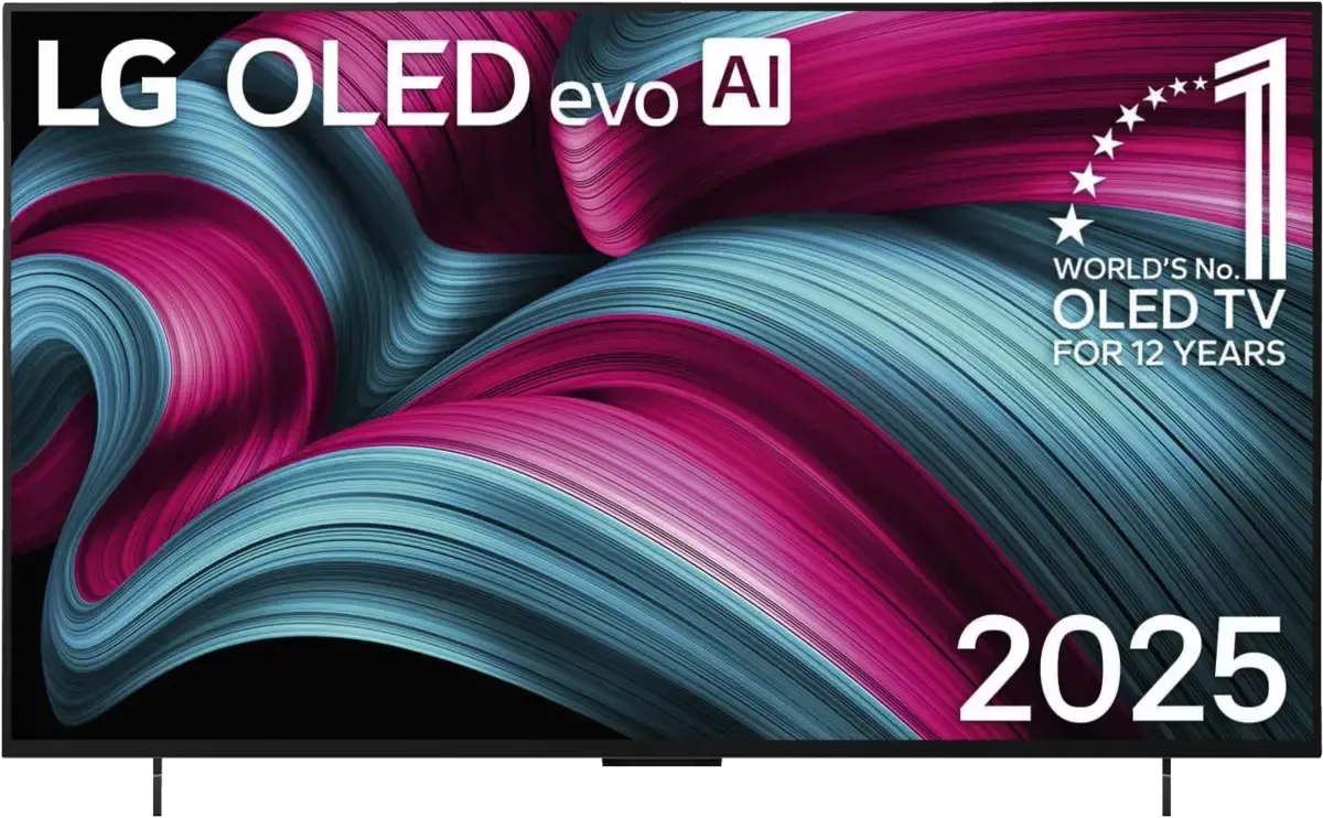 LG OLED evo AI TV-Display mit abstrakten rosa und blauen Wirbeln, Aufschrift „2025“ und „Weltweit führender OLED-Fernseher für 12 Jahre“