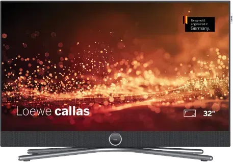 Loewe Callas Fernseher mit leuchtend rot-orangefarbenem abstraktem Display auf einem geschwungenen Standfuß, 32-Zoll-Bildschirm