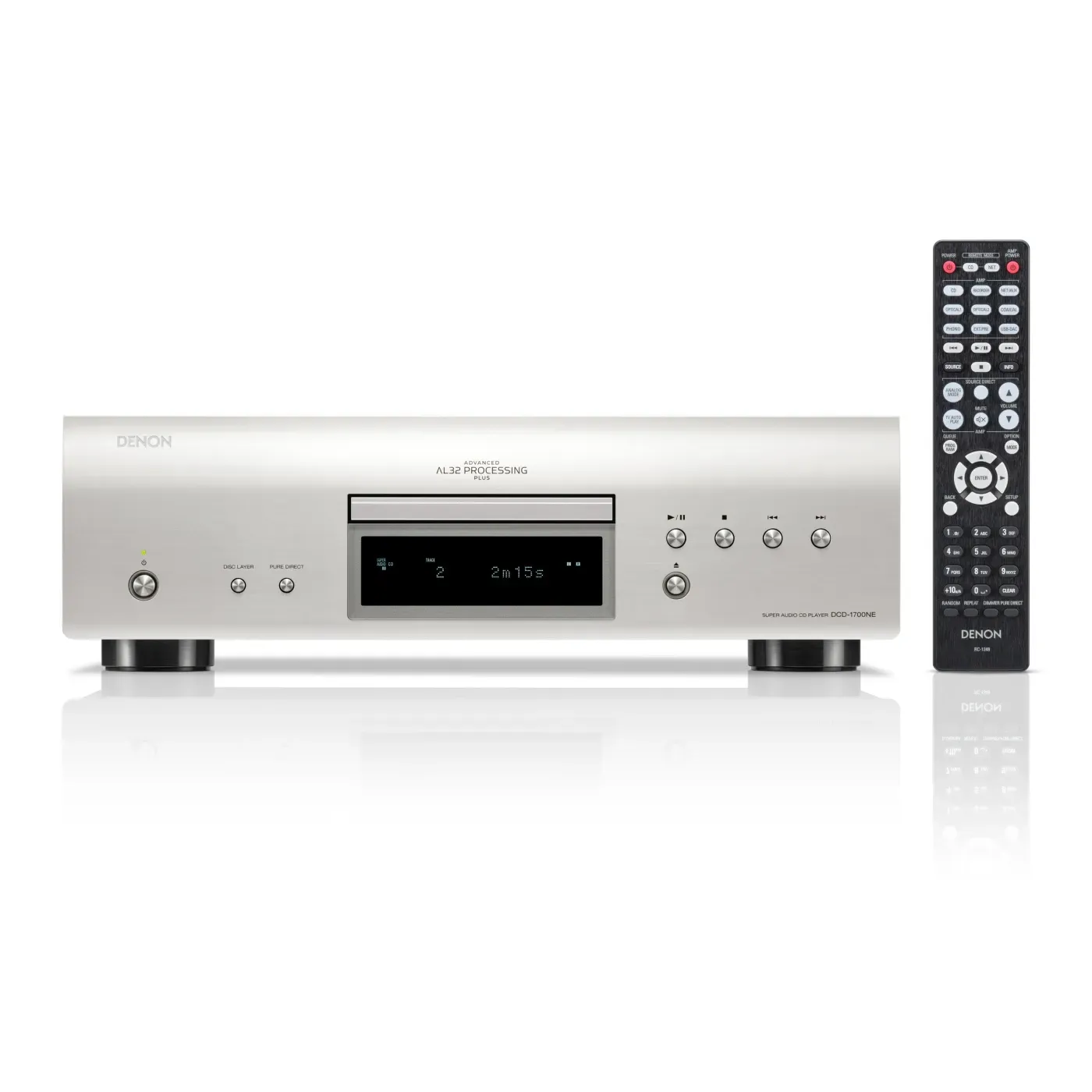 Silberner Sony-Audioplayer mit Display und Fernbedienung auf weißem Hintergrund