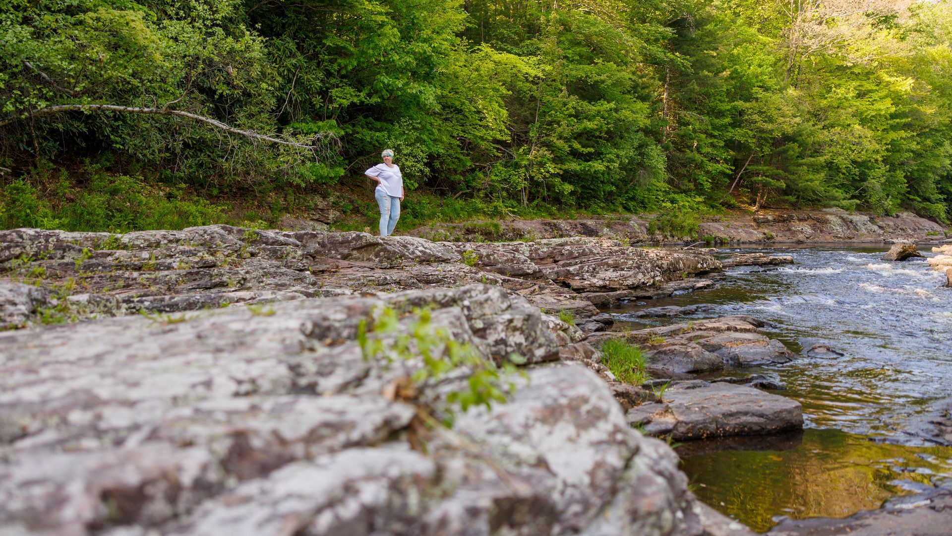 Person fishing by a river, surrounded by green trees and rocks, casting a line.