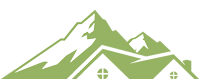 Green graphic of a mountain range overlaying the roofs of houses, possibly for a real estate company.