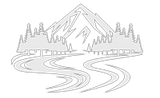 Mountain peak, trees, and winding road, all in grayscale.