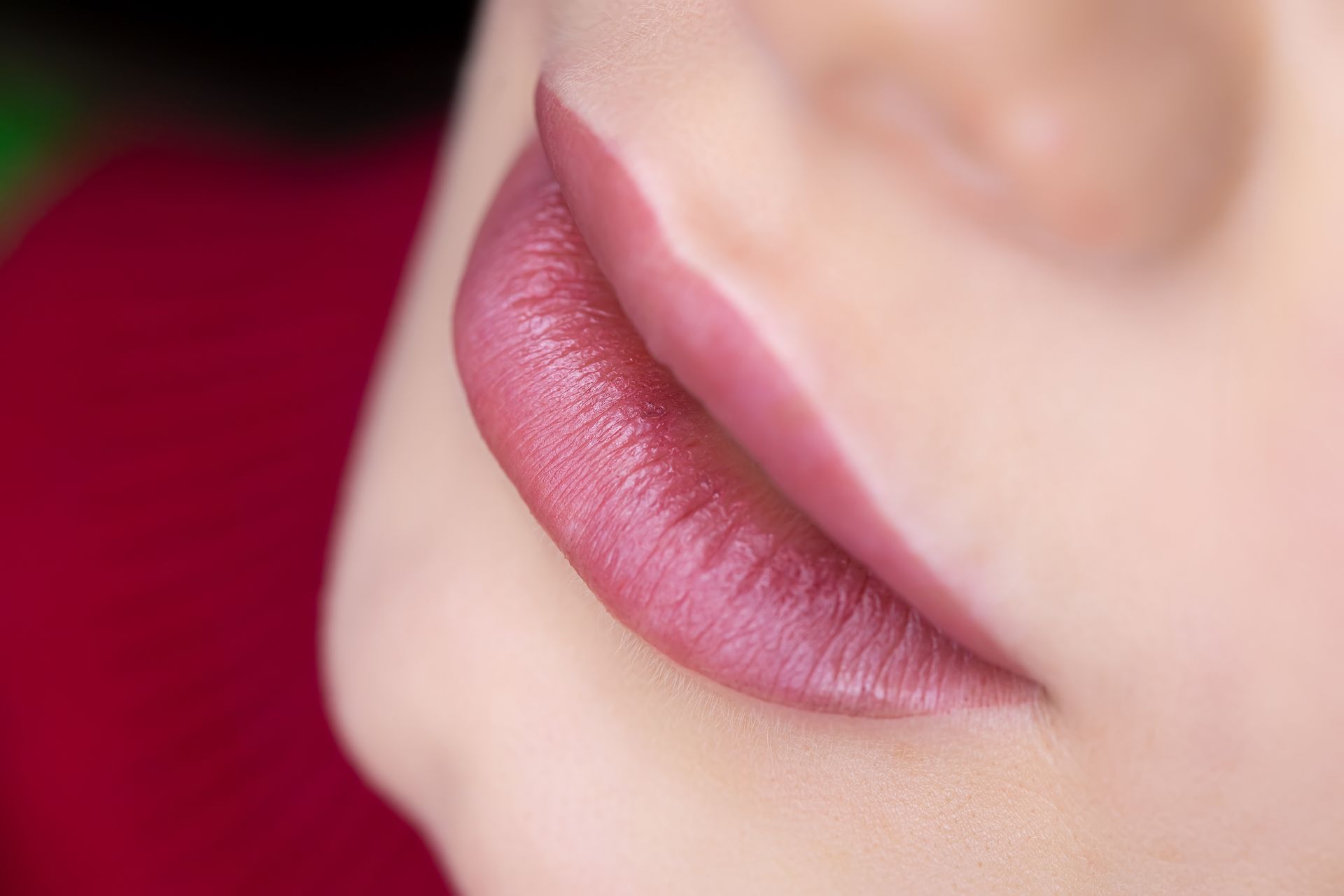 Primer plano de los labios de una persona, pintados con lápiz labial rosa. La piel es pálida y el fondo está difuminado.