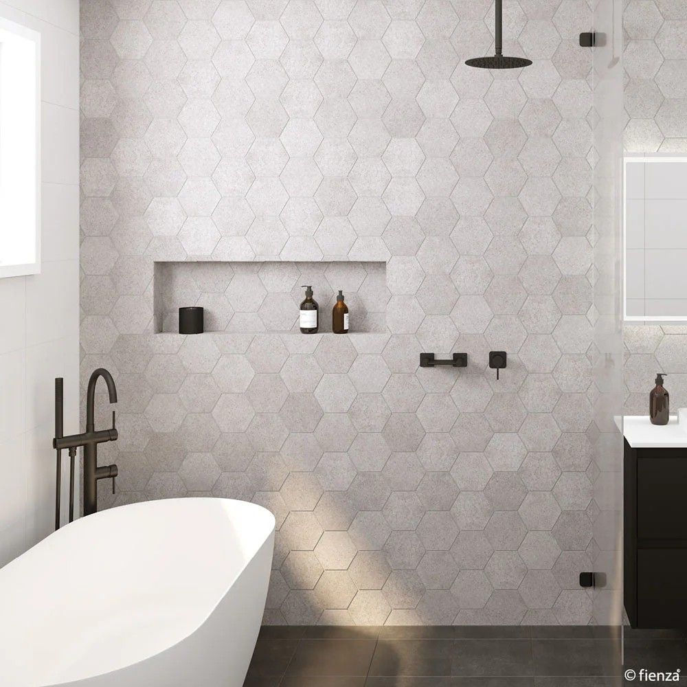 Modern Bathroom With White Hexagon Tile Wall — Coastwide Tile Studio in West Gosford, NSW