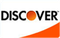 Discover credit card logo with black text and orange triangular swoosh on white background
