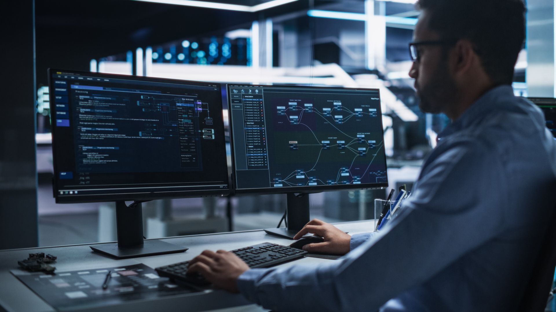 Person working at a dual-monitor computer setup in a modern office, viewing code and data dashboards