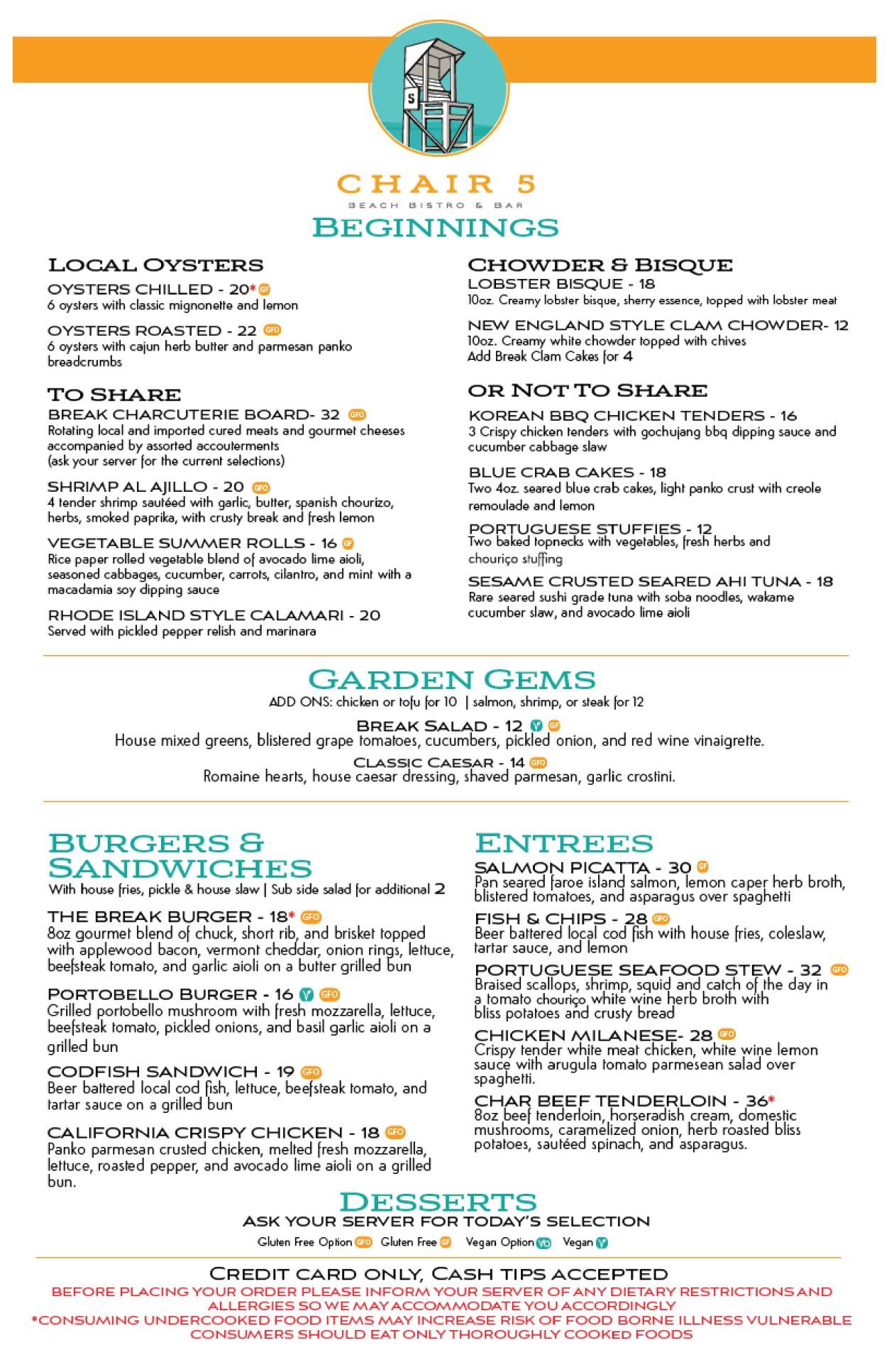 Chair 5 Restaurant menu