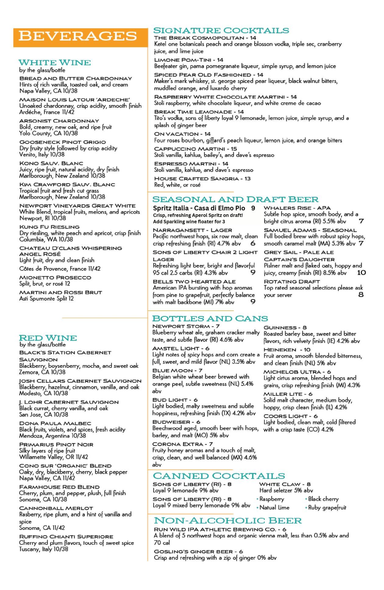 Chair 5 Restaurant menu