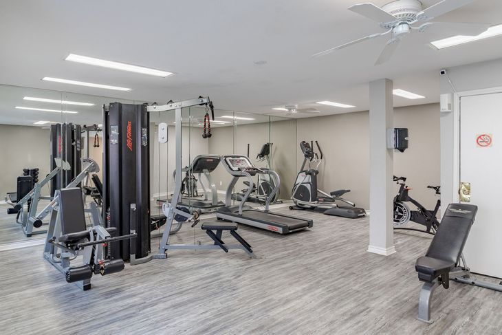 Gym interior with exercise equipment, weights, and windows.