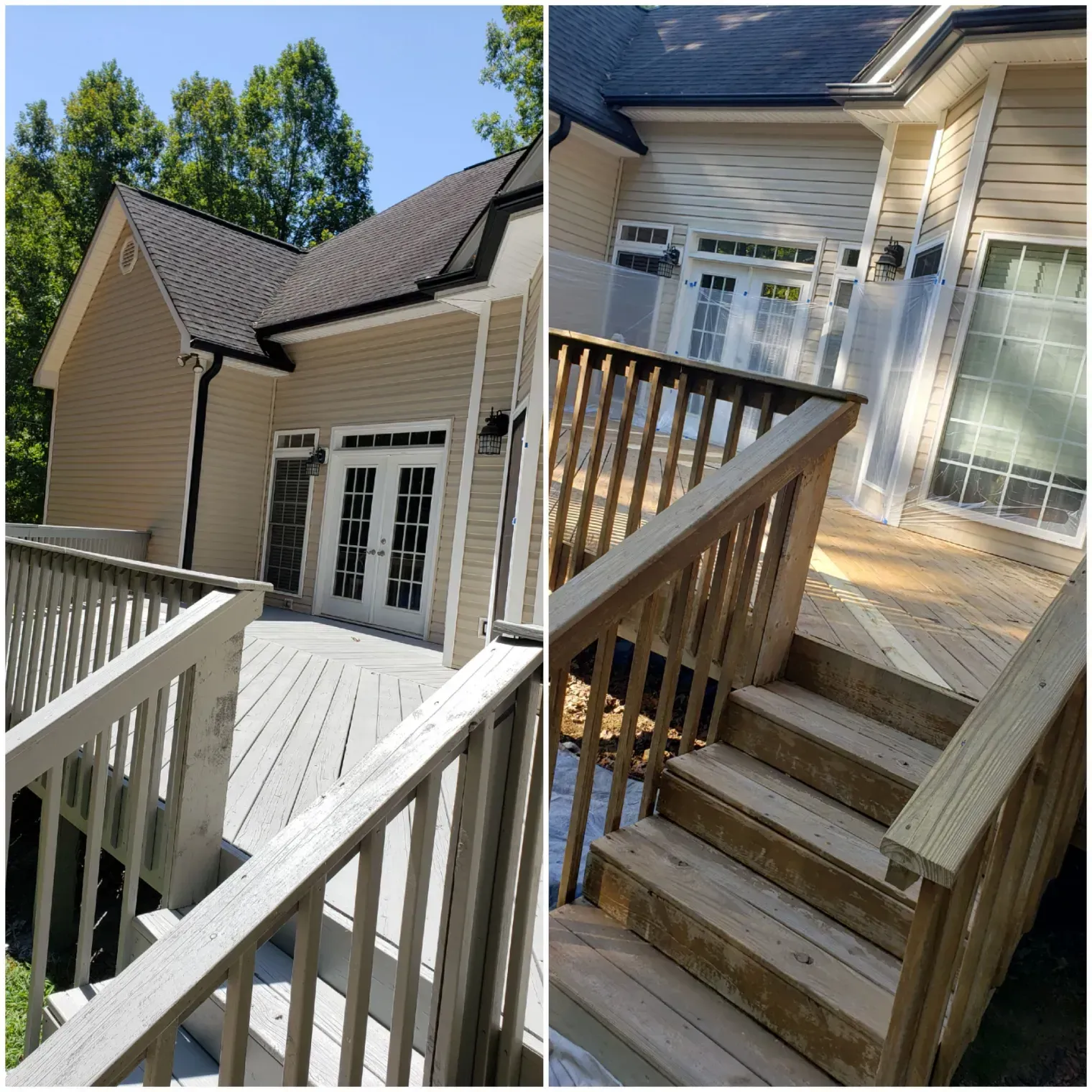 A before and after picture of a house with a deck and stairs.
