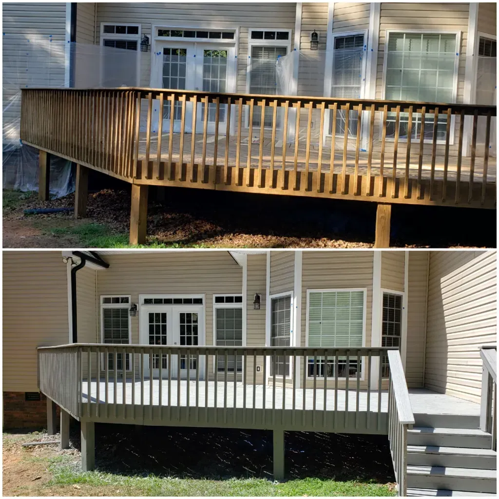 A before and after picture of a deck in front of a house.