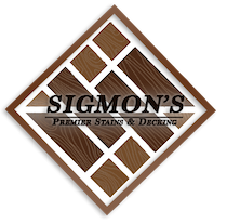 A logo for sigmon 's premier stains and decking