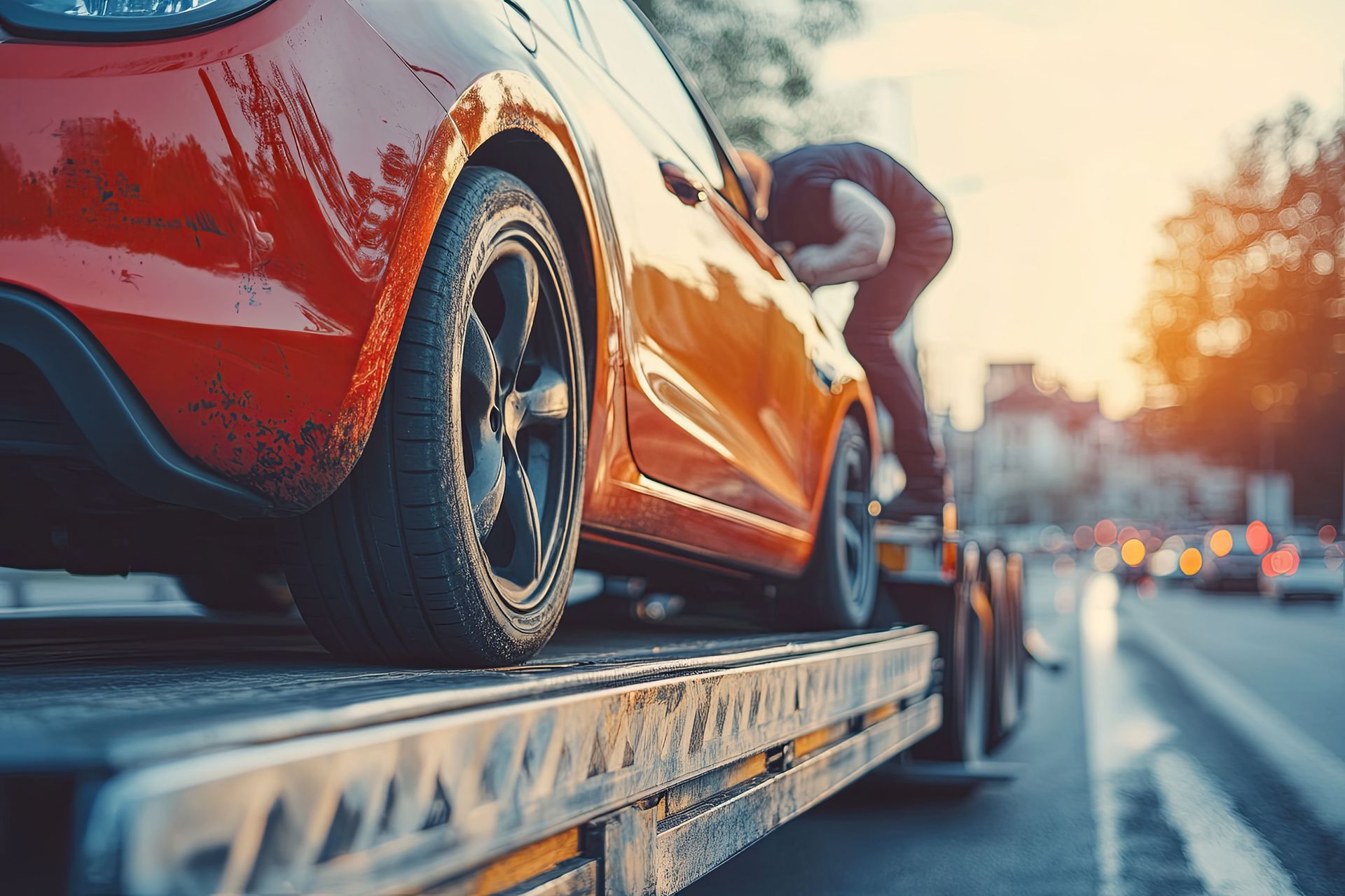 Red car being loaded onto a tow truck ramp at sunset on a city street. Red car being loaded onto a tow truck ramp at sunset on a city street.