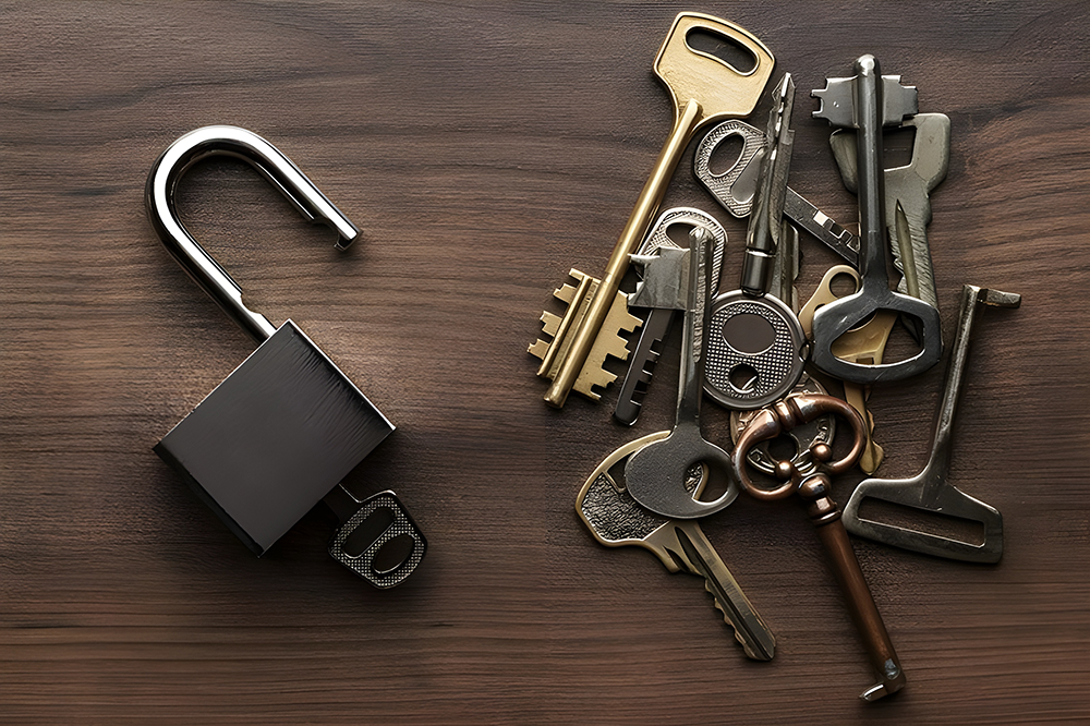 An Open Padlock With Keys On A Wooden Surface