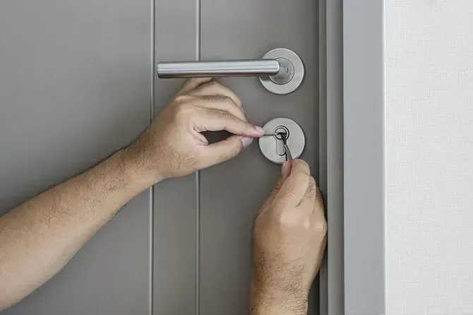 Person unlocking a modern grey door with a key, showing hands and close-up of the door handle.