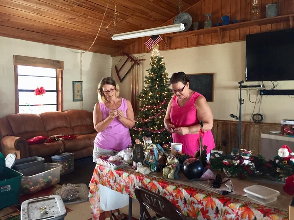 two women are decorating a christmas tree in a living room
