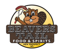 The logo for beavers tail food and spirits shows a beaver holding a sausage