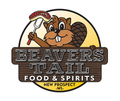 The logo for beavers tail food and spirits shows a beaver holding a sausage