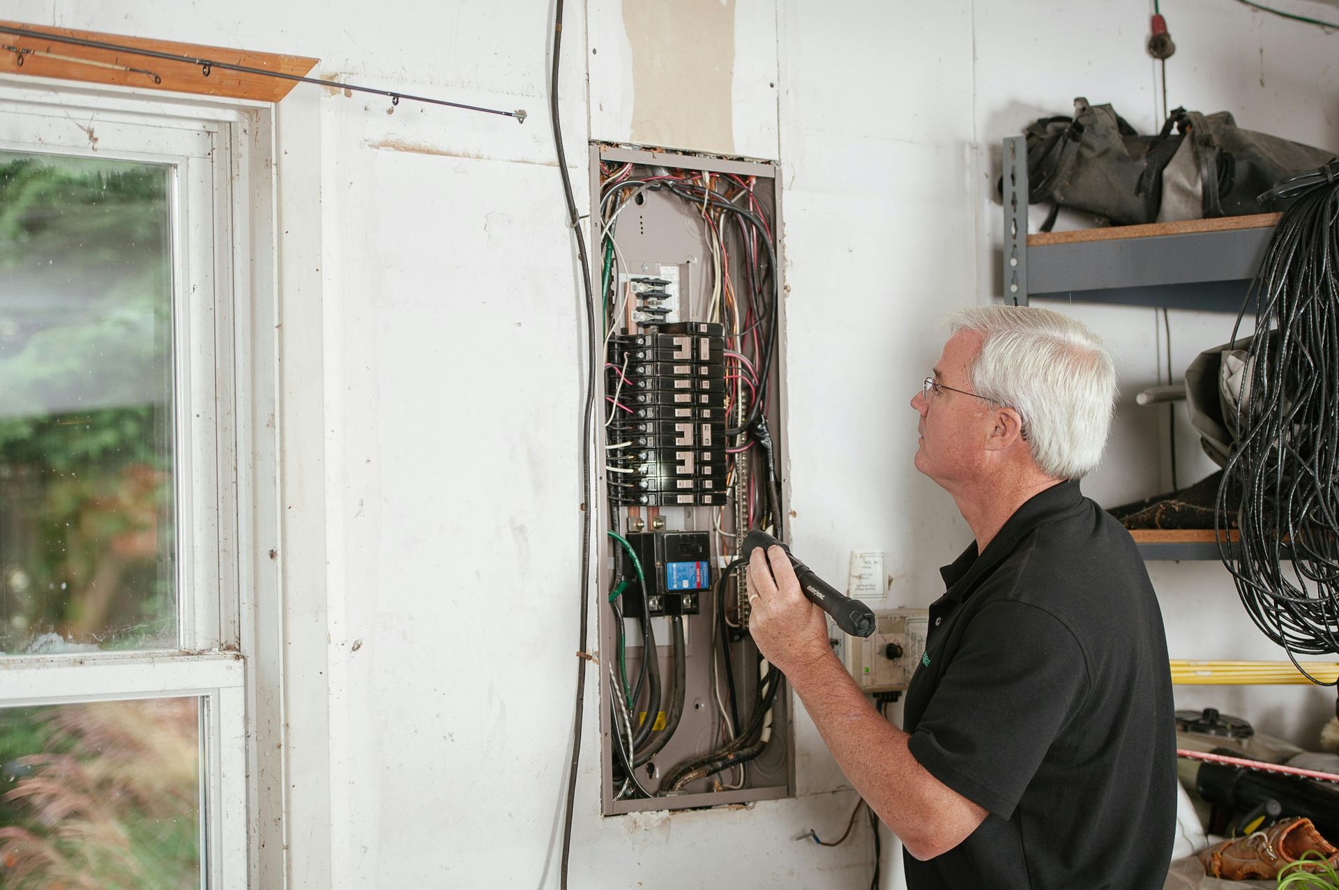 A person in a black shirt inspects an open residential electrical panel mounted on a white wall in a garage.