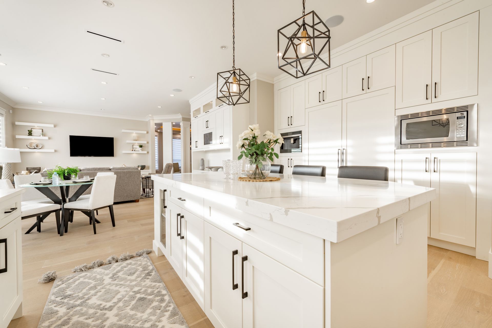 There is a large island in the middle of the kitchen.