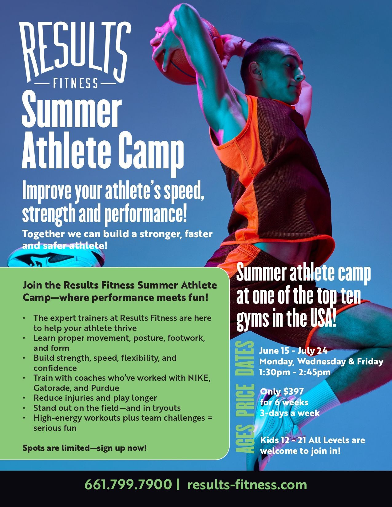 Results Fitness Summer Athlete Camp poster with boxer, blue and orange design, and event details