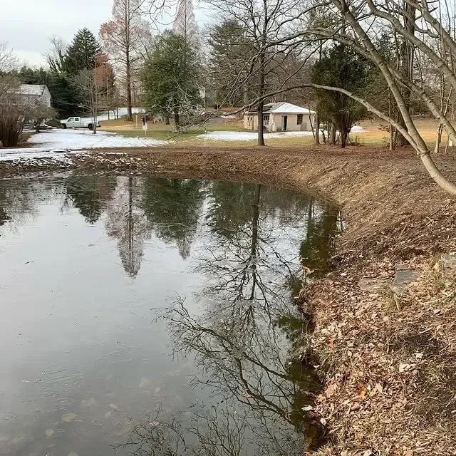 A lake with trees and a house in the background