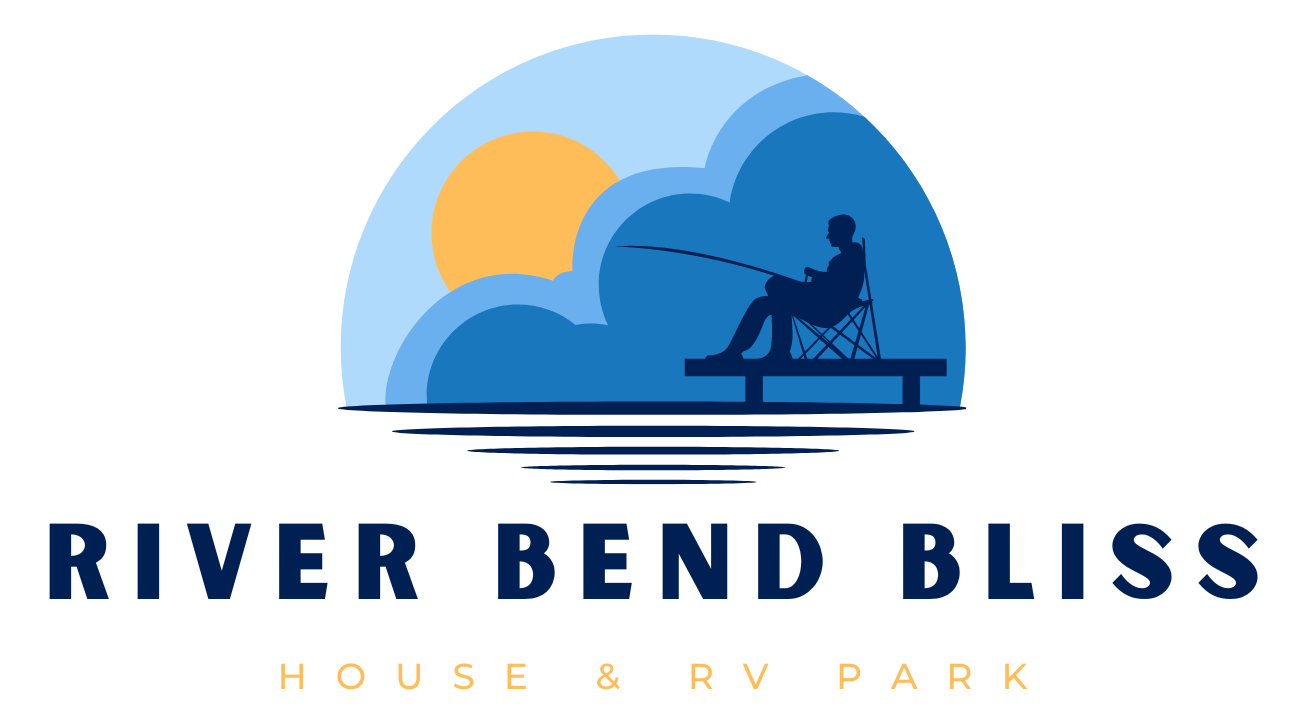 The logo for river bend bliss rental house and rv park shows a man in a folding chair fishing.