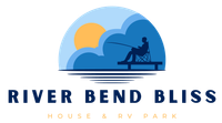 The logo for river bend bliss rental house and rv park shows a man in a folding chair fishing.