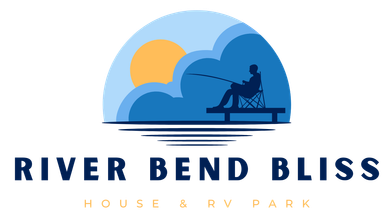 The logo for river bend bliss house and rv park shows a man in a folding chair fishing.