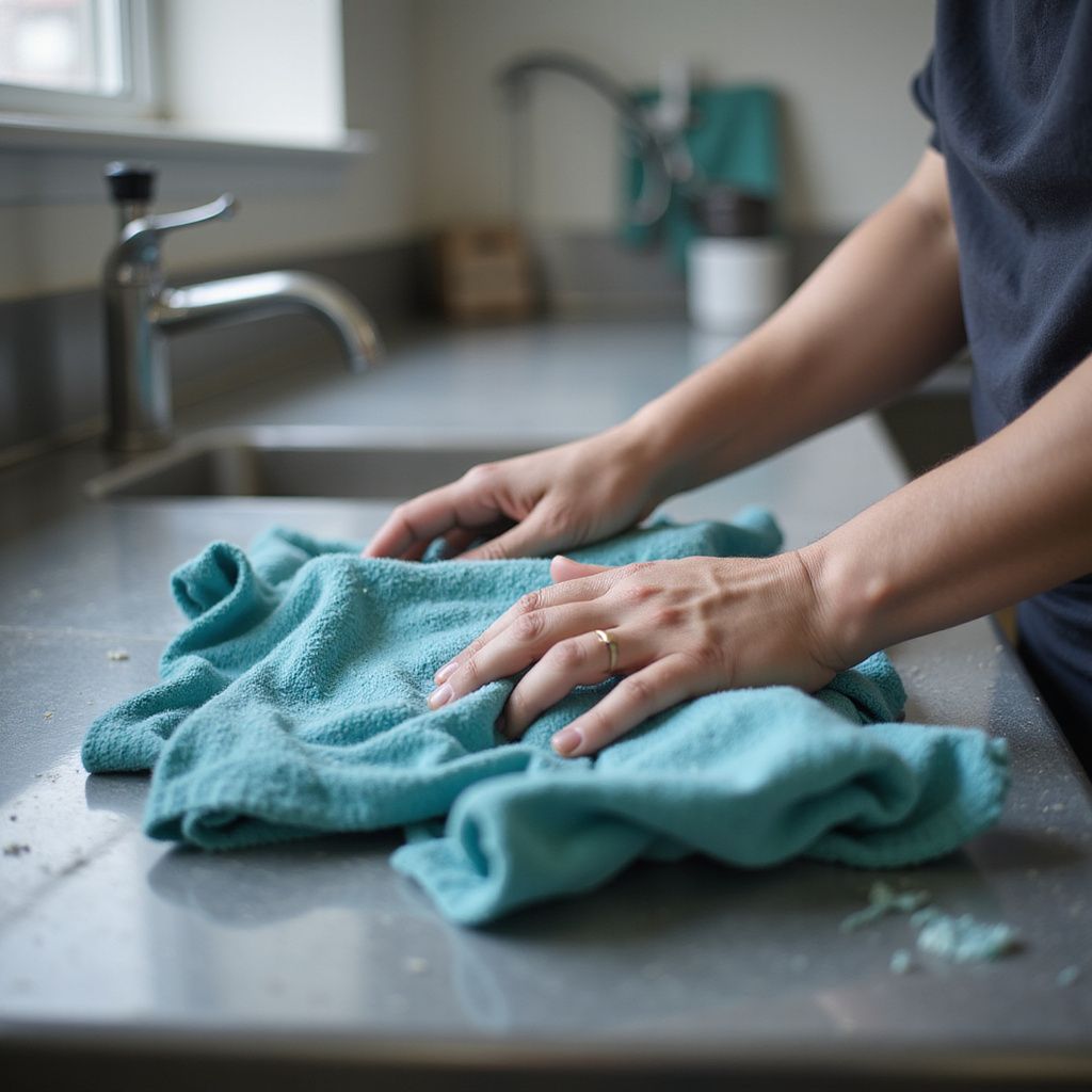 Person cleaning a stainless steel countertop with a blue cloth near a sink.