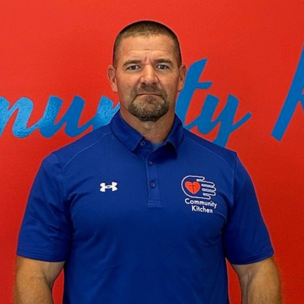 Man in blue shirt, logo
