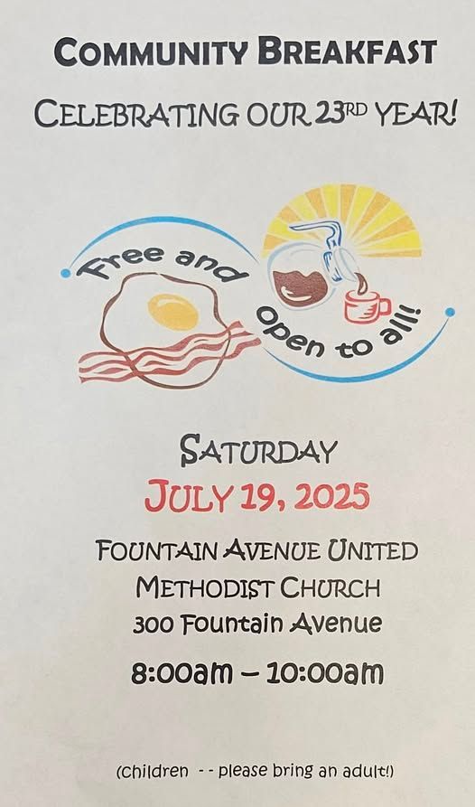 Community breakfast flyer: free & open to all, celebrating 23 years, July 19, 2025, Fountain Avenue United Methodist Church.
