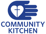Blue hand cupping a white heart with a cross, logo for Community Kitchen.